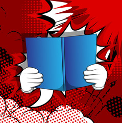 Vector cartoon hand holding a book. Illustrated hand with opened book on comic book background.