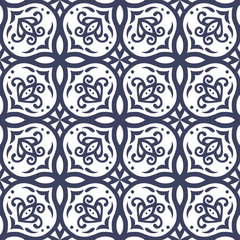 Elegance seamless vector pattern dark blue tracery on light gray background. Ornate print