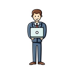 Business man holding laptop. Infographic element. Vector character