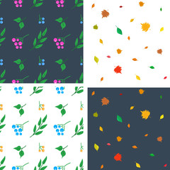 Collection of summer-fall seamless patterns. The whirling leaves and ripe berries perfectly decorate any shape