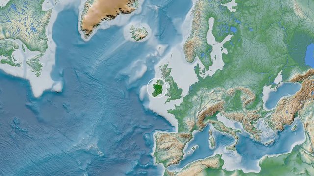 Ireland area presented against the global physical map in the Fahey projection with animated oblique transformation