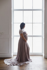 Young pregnant woman in a light classic interior. Caucasian woman with black hairs in long romantic dress near the large window. Concept of new life. Waiting of baby. Pretty pregnant woman in a room