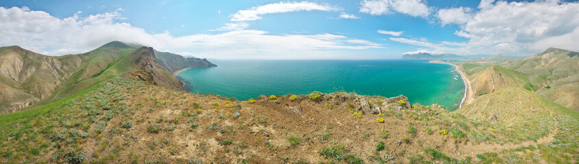 Sea and mountains spring bay panorama.