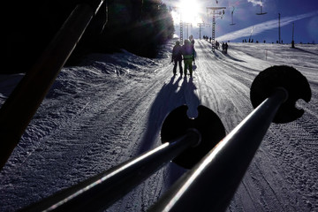 Orsa, Dalarna province, Sweden Skiers on the ski lift in the Orsa ski resort.