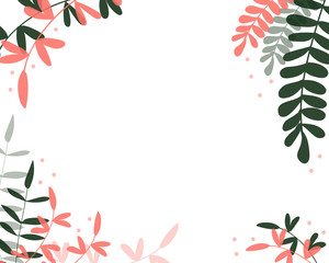 Fototapeta na wymiar vector simplified floral frame colored in deep green and coral. design element, textile, printed goods.