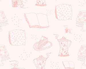 vector hand drawn pattern with some cozy things. hygge and house comfort themes, printed goods.
