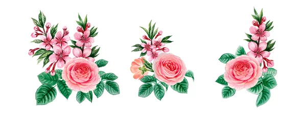Fototapeten Watercolor Pink Peonies Illustration,  Realistic hand drawn roses. © botanicallanse