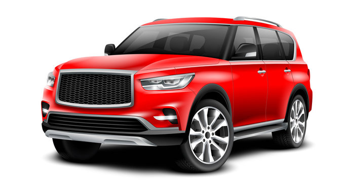 Red Generic SUV Car. Off Road Crossover On White Background With Isolated Path