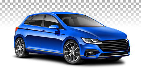 Blue Hatchback Generic Car. City Car With Glossy Surface With Isolated Path