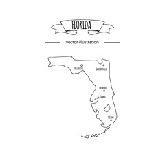 Hand drawn doodle Florida map icon Vector illustration isolated on white background islands outer borders symbol Cartoon ribbon band element icon. USA state, Miami,Orlando, Tampa, Gulf of Mexico coast