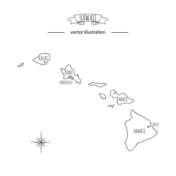 Hand drawn doodle Hawaii map icon Vector illustration isolated on white background Hawaiian islands outer borders symbol Cartoon ribbon band element icon. USA state, Honolulu, Maui, Oahu