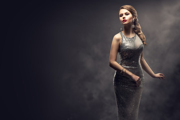 Fashion Model Silver Dress, Elegant Woman in Sparkling Sexy Gown, Girl Beauty Studio Portrait