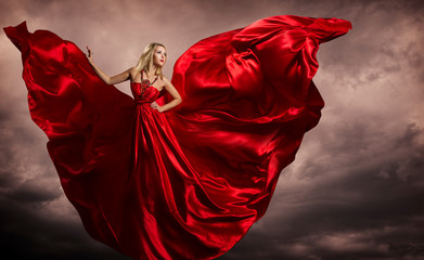 Woman Red Dress Wings, Fashion Model Silk Waving Gown, Flying Fluttering Fabric on Storm Wind