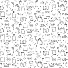 Seamless pattern of hand drawn doodle Stop plastic pollution icons Vector illustration sketchy symbols Cartoon elements Bag Bottle Recycle sign Package Disposal waste Contamination disposable dish
