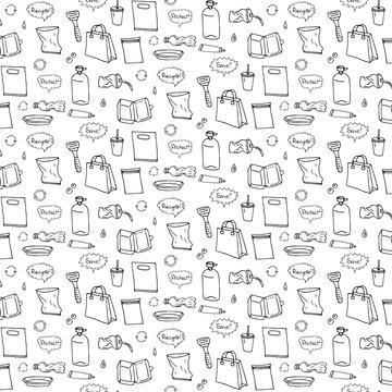 Seamless pattern of hand drawn doodle Stop plastic pollution icons Vector illustration sketchy symbols Cartoon elements Bag Bottle Recycle sign Package Disposal waste Contamination disposable dish