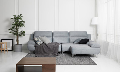Scandinavian style livingroom with fabric sofa, sofa table. morning image with plant. sofa table on the lug.
