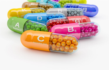 3d rendering of many vitamin capsule - obrazy, fototapety, plakaty