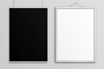 White and Black poster with white frame mock-up on soft gray background.3D rendering.