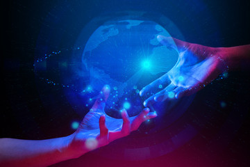 digital data ai global network technology hologram with particle light and two hands of human with blue and red color glow in scifi futuristic concept
