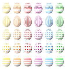 White Easter eggs collection with shadow and various colorful patterns. High quality, photorealistic vector.