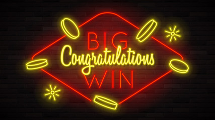 Obraz premium Shining neon sign big win. Color card design with 3d glowing neon letters. Vector illustration with realistic light banner.