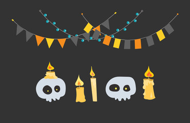 Atmospheric postcard to a Halloween party with candles, skulls and garlands