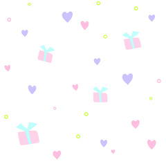Seamless pattern with hearts and gifts in pastel colors. Great for wallpaper and gift wrapping, textiles, fabrics. Also can be used as a background for different types of design