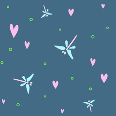 Gentle seamless pattern with dragonflies and hearts. Ideal for gift wrapping, children's textiles and fabrics