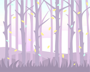 Magical background with falling leaves among the trunk of trees. Pastel shades.