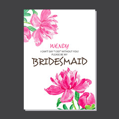 Pink Peony Flower Bridesmaid Card Watercolor Style