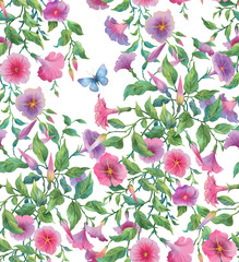 Hanging plants. Petunia flowers seamless background pattern version 1