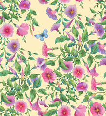 Hanging plants. Petunia flowers seamless background pattern version 3
