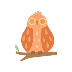Cute Owl Bird Sleeping on Branch Vector Illustration