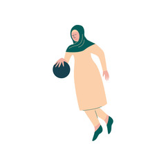 Muslim Woman in Hijab Playing with Ball, Arab Sportswoman Character in Traditional Clothing Vector Illustration