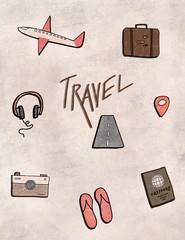 a collection of travel icons including planes luggage passport headphones slippers camera location pin and a road