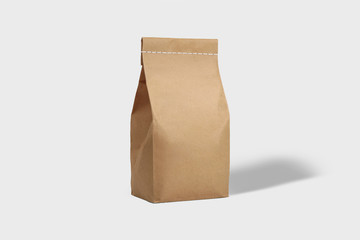 Brown craft paper tall bag packaging template isolated on soft gray background. Packaging template mockup.3D illustration