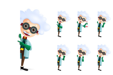 Scientist vector character set showing empty white space or blank board for text with different pose and hand gestures for experiments. Vector illustration.