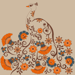 pattern with embroidered peacock and flowers