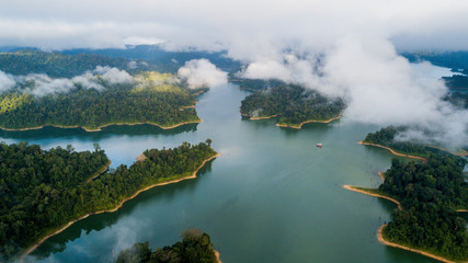  A beautiful landscape of aerial view with the fog surrounding the hill area in Royal Belum Malaysia