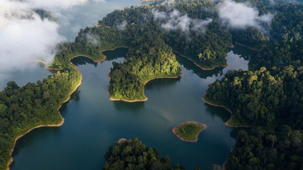  A beautiful landscape of aerial view at Royal Belum Malaysia with the fog surrounding the hill area