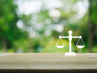 Law flat icon over blur green tree in park, Business legal service concept