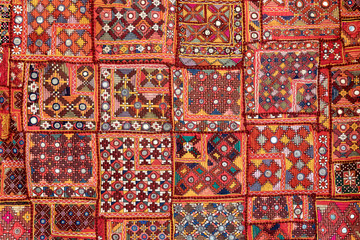 Detail old patchwork carpet, India. Close up