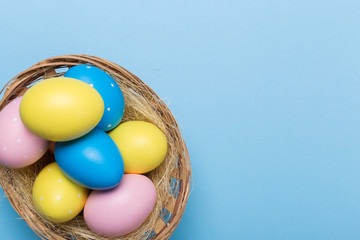 Colorfull easter eggs in nest on blue pastel color background with space.