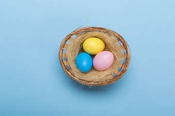 Colorfull easter eggs in nest on blue pastel color background with space.