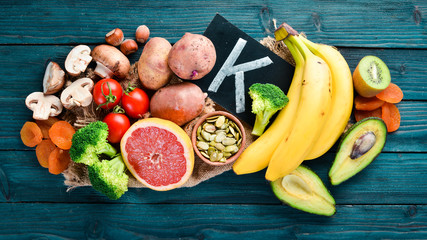 Foods containing natural potassium. K: Potatoes, mushrooms, banana, tomatoes, nuts, beans,...