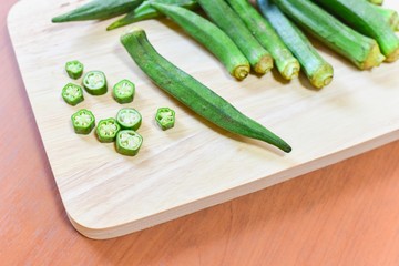 Sliced Okra on Wooden Board