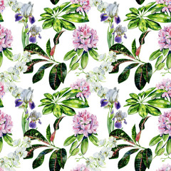 Tropical rhododendron flowers and iris seamless pattern watercolor. Interior wallpaper with pink azalea and white orchids. Exotic plants print.