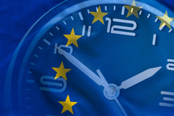 Overlay of the EU flag and the dial of a clock