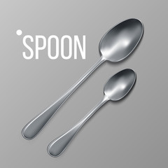 Spoon Vector. Silver Metal Spoon Top View. Restaurant Silverware Tool. Top View. 3D Realistic Illustration