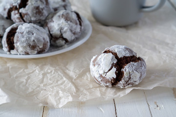 Сracked chocolate cookies in icing sugar on a white plate with copy space